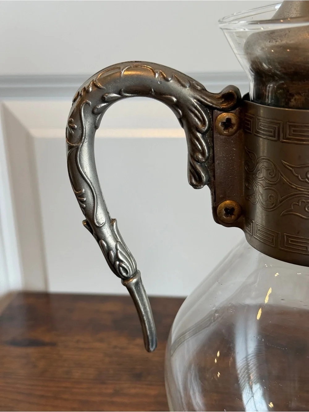 Vintage Corning Glass Coffee Tea Carafe Pitcher Silver Plated Ornate Trim Lid.